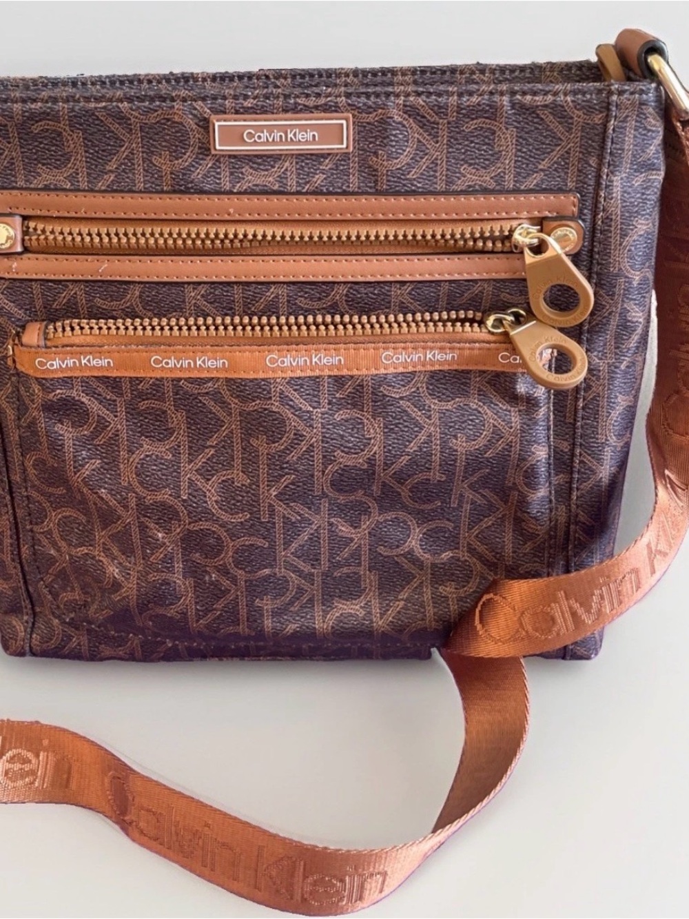 Calvin Klein Brown Monogram Crossbody with Branded Strap